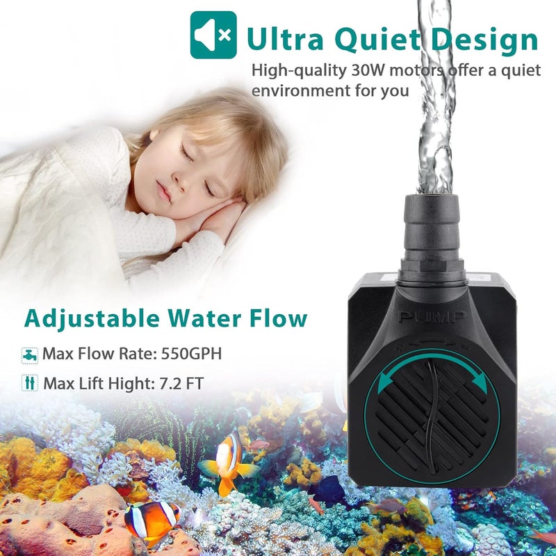 FREESEA Aquarium Submersible Fountain Pump: 30W 550GPH Adjustable Quiet Water Pumps with 7.2ft High Lift for Small Pond | Waterfall | Outdoor | Statuary | Hydroponic (550GPH) - Image 3